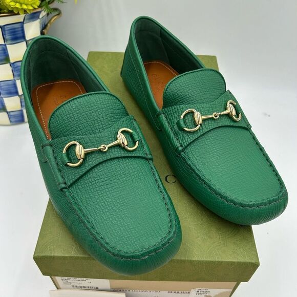Men’s Gucci horse bit pebble green driver loafers size 11 fits 11.5 US Italy - Picture 1 of 9
